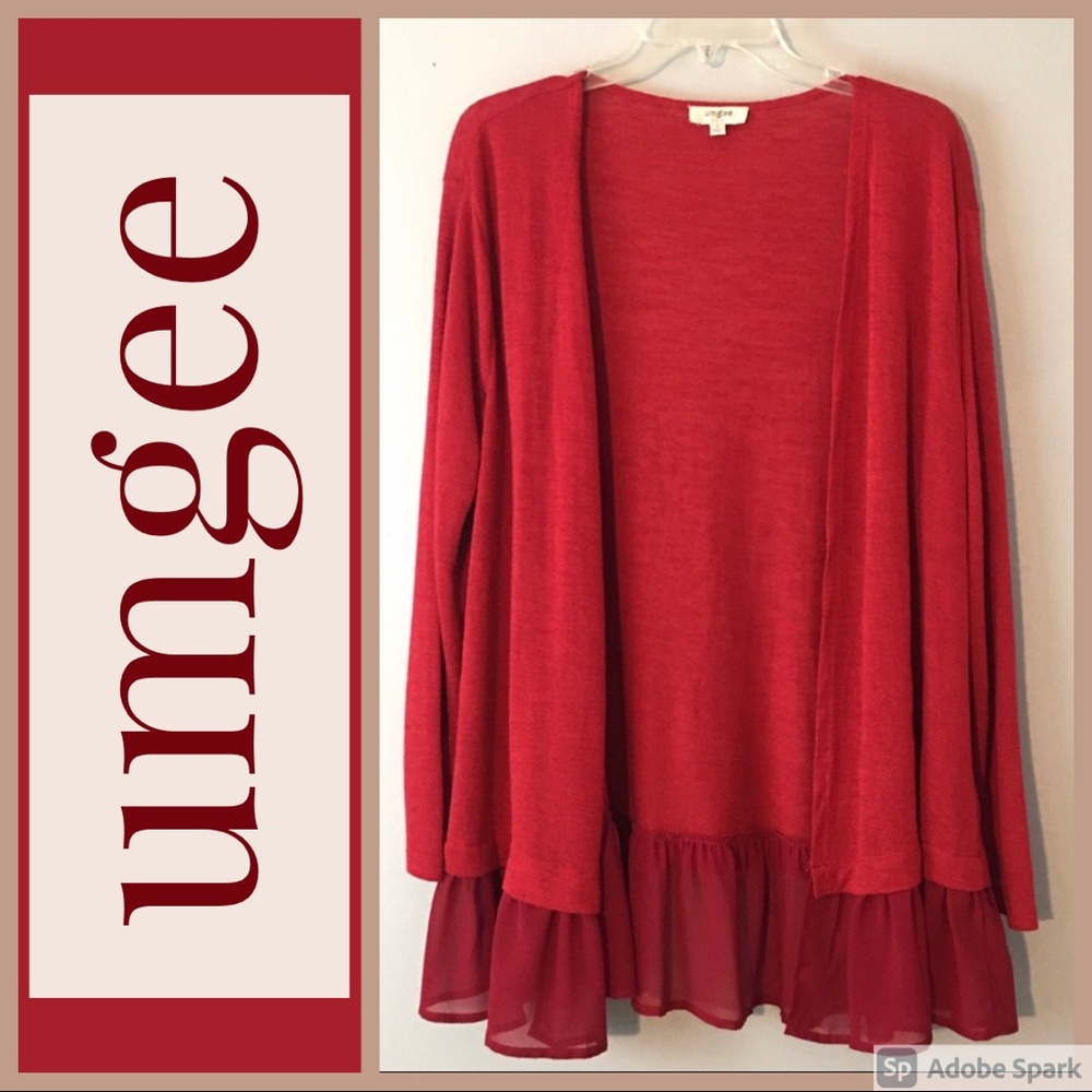 UMGEE Open Cardigan Sweater Red Sheer Ruffles Small